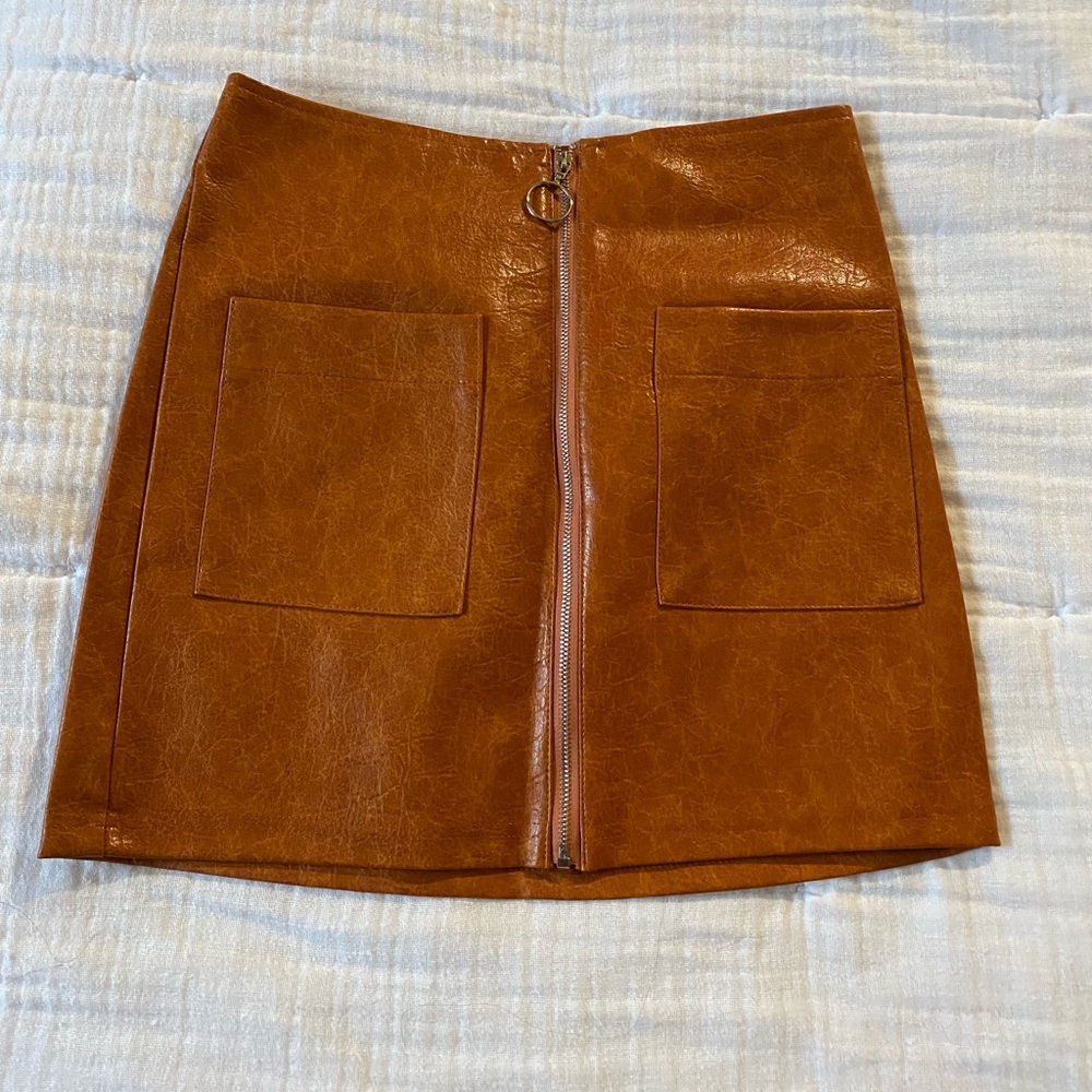 Shein Brown Faux Leather Front Zip Skirt XS.